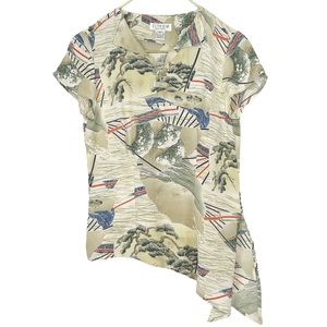 Citron Asian Inspired Nature Print Silk Blouse